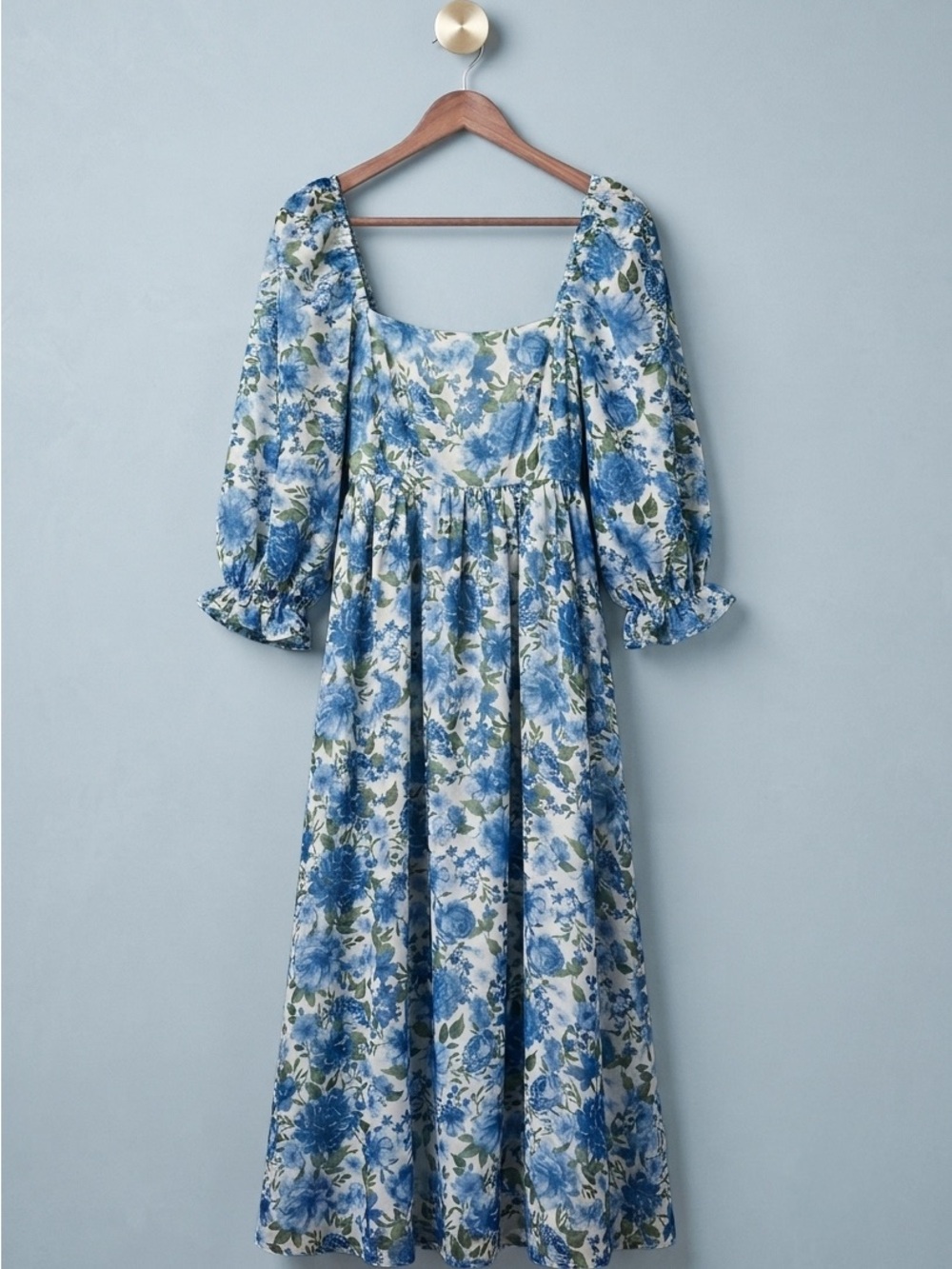 Blue Floral Square-Neck Midi Dress